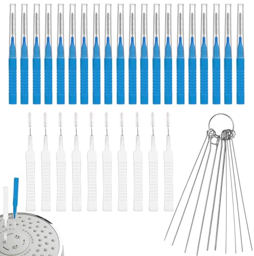 40pcs Kit Nettoyage Pommeau de Douche, 2 Modèles Nettoyant Pommeau de Douche Multi-Tailles Shower Head Cleaner Anti-Obstruction pour Salle de Bain Petit Trou Fente de Fenêtre (Bleu)