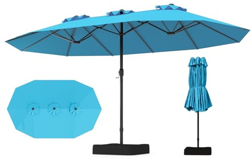 GOPLUS Parasol de Jardin Exterieur avec Pied, Grand Parasol Double 4,5x2,6M avec Manivelle, 12 Baleines Solides, Base avec Sacs de Sable, Hauteur 2,43CM pour Piscine, Jardin, Terrasse (Bleu)