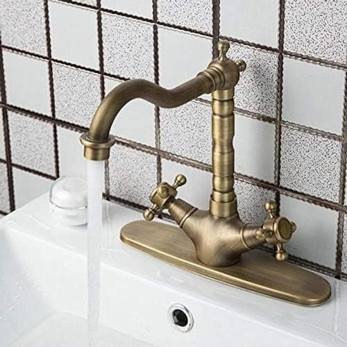 Rubinetto Miscelatore per lavabo da Cucina, Girevole in Ottone Anticato, con Doppie Maniglie + Piastra di Copertura + Tubi Flessibili, per lavabo da appoggio