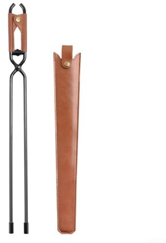 Pince à charbon robuste 55/44 cm avec couvercle de rangement en cuir pour cheminée intérieure, feu de camp, barbecue, camping (55 cm)