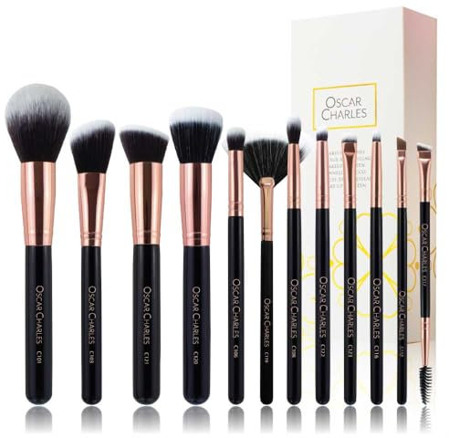 Oscar Charles Luxe Professional Lot de 12 pinceaux de maquillage professionnels en fibres synthétiques végétaliennes Or rose et noir