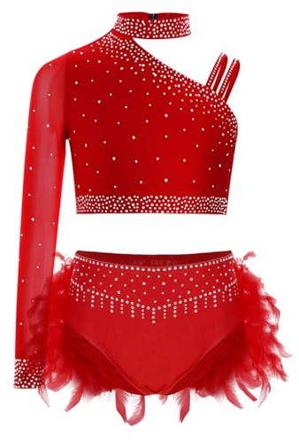 Freebily Ensembles Tenue Danse Latin Jazz Enfant Fille Costume Patinage Artistique Strass Plumes Justaucorps Gymnastique Performance Rouge 11-12 ans