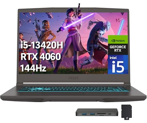 msi Thin 15 15.6 FHD 144Hz Gaming Laptop, Intel i5-13420H, 64GB RAM, 4TB PCIe SSD, NVIDIA GeForce RTX 4060, Backlit Keyboard, Wi-Fi 6E, Windows 11, Gray, 256GB Docking Station Set