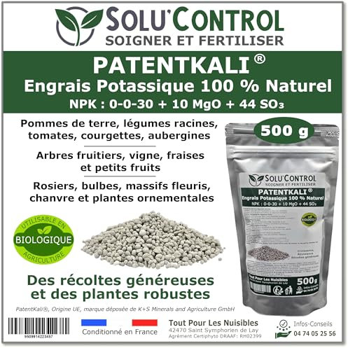500 g de PatentKali® SOLU’CONTROL – Engrais Potassique 100% Naturel – NPK 0-0-30 + Magnésium (MgO 10%) et Soufre (SO₃ 44%) – Plantes, Potager, Fruits, Fleurs – Utilisable en Agriculture Biologique