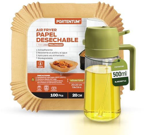 PORTENTUM Papel freidora aire 100 unidades de 20-24 cm + Pulverizador aceite spray 2 en 1 Verde