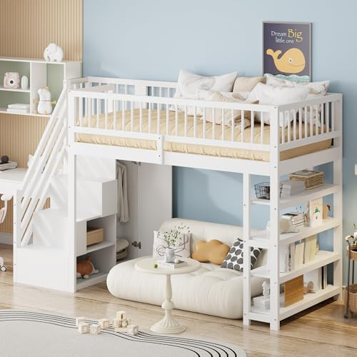 WIZBED Kinderbett Hochbett 90 x 200 mit Kleiderschrank, Stauraum Treppe, 4 Regalen, Etagenbett mit rausfallschutz, Holzbett, Stockbett Funktionsbett,ohne Matratze,Weiß