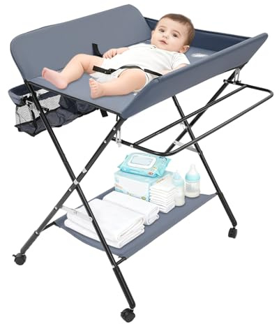 Bdneygtyr Wickeltisch Klappbar, Mobile Wickeltisch mit Sicherheitsgurt und Aufbewahrungsfächern, Changing Table bis zu 12 Monaten, Platzsparend & Stabil (Gray)