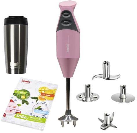 bamix Stabmixer Set M200 toGO inkl. Multifunktionsmesser, 4 Aufsätze, Isolierbecher, Smoothies Rezeptheft, 200 Watt, 2-Stufen, Edelstahl, Made in Switzerland - Pink
