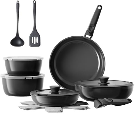 Redchef Set de cuisine 16 pièces avec poignées amovibles, batterie de cuisine en céramique antiadhésive, poêle 20 + 26 cm, poêle profonde 26 cm, casserole 18 + 20 cm (noir)