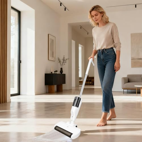 BRIEFNESS Balai à récurer électrique 4 en 1 avec aspirateur intégré et brosse rotative pour sols durs, stratifiés, marbre et carrelage