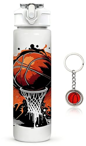 OPVXZAD Gourde de Sport Basketball 355ml Bouteille d'Eau Isotherme de Basketball avec Porte-Clés Bouteille Isolée en Acier Inoxydable 304 pour Camping Voyage Salle de Sport Quotidien