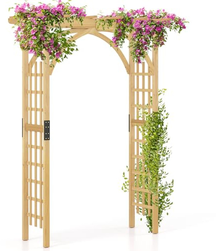 COSTWAY Rosenbogen Holz, Gartenbogen für Kletterpflanzen & hängende Körbe, Torbogen mit Dach, Rankhilfe Rankgitter Rankbogen, für Garten, Hochzeit, Party, Tannenholz, Natur, 160 x 60 x 213 cm