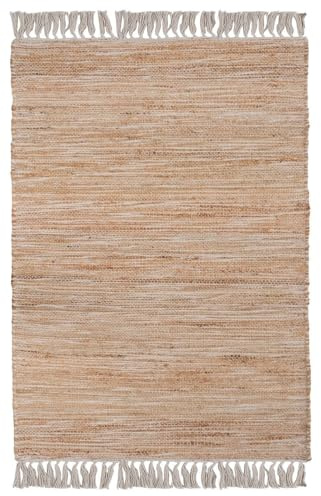 Home4You Handwebteppich – Läufer 80x250 cm – Jute, Wolle & Baumwolle – meliert Beige Weiß – mit Quasten – Naturfaser Teppichläufer
