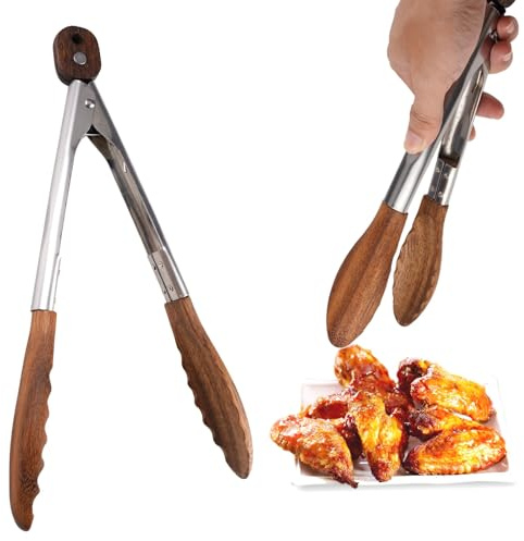 29 cm Wooden Tongs, Kitchen Tongs for Cooking, BBQ, Salad and Bread | Serving Tongs Made of Wood and Stainless Steel, Heat Resistant and Easy Care Food Tongs for Grilling, Toaster