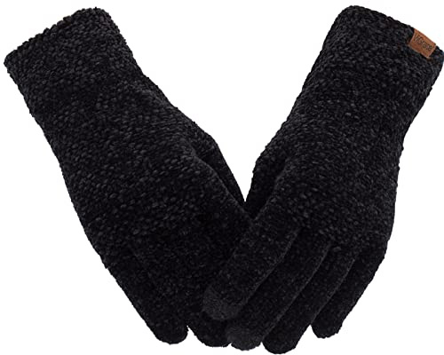 ViGrace Winter Touchscreen Gloves for Women Chenille Warm Cable Knit with 3 Touch Screen Fingers Texting Driving Elastic Cuff Thermal Glove Black,Large