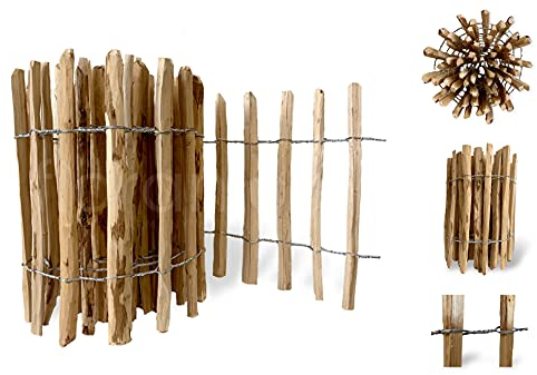 Floranica recinzione a staccionata in nocciolo castagno 5 m lunghezza x 90cm altezza, distanza tra i listelli 12-14cm, recinzione da giardino, staccionata a rotolo, pali per recinzioni