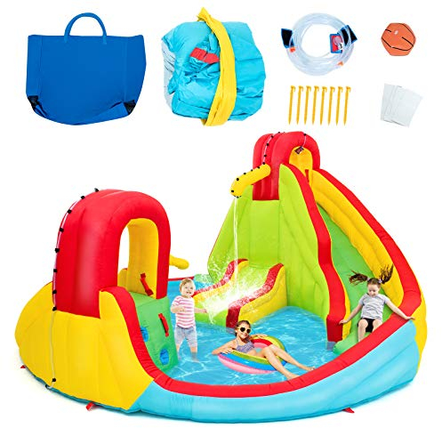GOPLUS Aufblasbare Wasserrutsche, Großes Wasserspielcenter aus Oxford-Stoff, mit 2 Rutschen & Basketball, Reparaturset, Tragetasche, für Kinder von 3 bis 10 Jahren, 420x420x480cm (Rot, Ohne Gebläse)