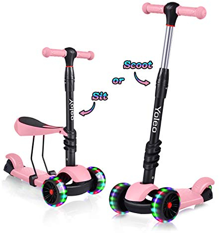 YOLEO 3-in-1 Kinder Roller Scooter mit Abnehmbarem Sitz, PU Räder, Höheverstellbare Lenker für Kleinkinder Jungen Mädchen ab 2 Jahre(Rosa)