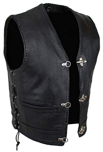 EURO STARS Gilet in pelle da uomo Biker Bon, moto da discoteca, chopper smanicato, gilet da rocker, in pelle bovina, cappello da motociclista, cappello in pelle (2XL, nero)