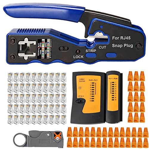 MAYLINEE - Juego de Herramientas de Crimpado para RJ11/RJ12/RJ45, alicates de corte de alambre Cortador de Crimpado de red para Cat5/Cat5e/Cat6, Kit de Pelacables con 50 Conectores(Rojo)