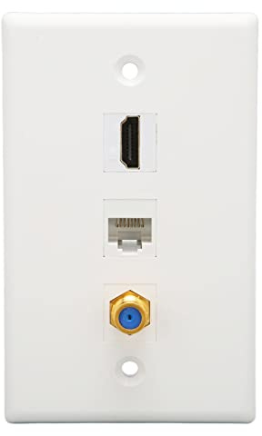 Goshyda HDMI-Ethernet-Koax-Wandplatte, RJ45-Cat6-Keystone-Buchse, TV-F-Kopf, HD-Multimedia-Schnittstelle Keystone 3-Port-Ethernet-Wandplatte, Lötfrei für HDTV-Projektoren