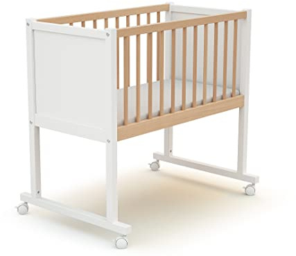 AT4 - Baby Wiege Bett Holz mit Rollen Confort 40 x 80 cm Weiß und lackierte Buche 40 x 80 cm | 86 x 58,5 x 80 cm | Babybett mit Matratze inklusive 40x80x5cm | 4 multidirektionale Räder