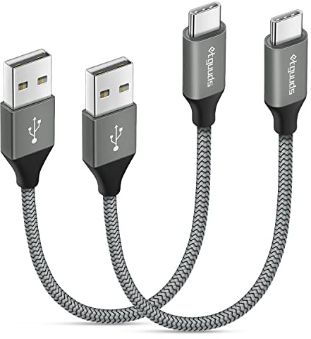 etguuds Extra Short USB C Cable 2Pack 0.15M, USB A to USB C Charger Cable | USB Type C Lead 3A Fast Charging Nylon Braided for iPhone 17 16 15 Pro Galaxy S25 S24 S23 S21 S20 S10 S9 S10E -Grey