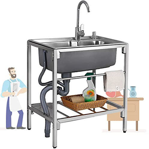 Küchenspüle mit einer Schüssel, freistehende Küchenspüle aus Edelstahl mit 360 ° heißem und kaltem Wasserhahn, All-in-One-Waschbecken-Kit für Wäscherei, Werkstatt, Hinterhof, Garage
