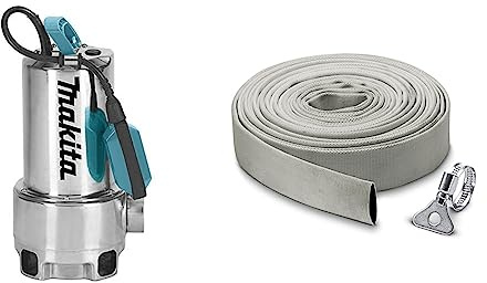POMPE VIDE-CAVE MAKITA À EAU CHARGÉE 1100 W - PF1110 & Kärcher 29971000 Kit Tuyau Plat en Textile et Collier de Serrage 10 m