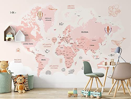 Papier Peint Panoramique Carte Du Monde Rose 3D Poster Mural pour Salon Chambre Décoration Murale