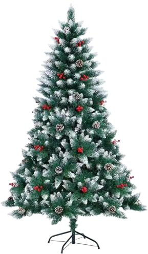 1.5m (5Ft) Flocked Artificial Christmas Tree with 480 Pencil Tips Balmoral Fir - Snowy Branches, Berries and Pine Cones Decorations Metal Stand - Bushy Luxury Xmas Home Centerpiece
