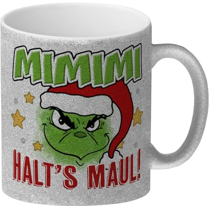 Mimimi Weihnachtsmuffel Glitzer-Kaffeebecher mit Spruch Halt's Maul eine bunte Tasse für Miesepeter Wichteln Muffel Weihnachten Kaffeetasse Kaffee Becher frech Esszimmer Tee