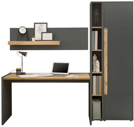 Furn.Design Büromöbel Set in grau matt und Wotan Eiche Holz modern mit Schreibtisch, Aktenschrank, Wandregal, Standregal für Homeoffice und Büro Schreibtisch mit Stauraum Center (Set 3)