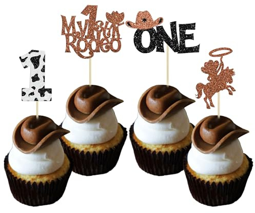 Ephlyn 24Pcs Brown Cowboy 1st Birthday Cake Toppers for Western, Cowgirl, First Birthday, Baby Shower Parties