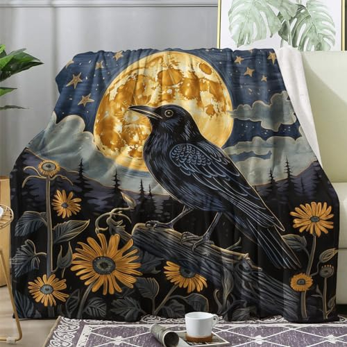 Kuscheldecke Flauschig Krähe Rabe Sonnenblumen, Große Decke Fleecedecke 220x240 Mond Sterne, Flanell Sofadecke Blanket XXL, Wohndecke Schlafdecke Winter Warm Weich, Deko Decken für Couch Bed