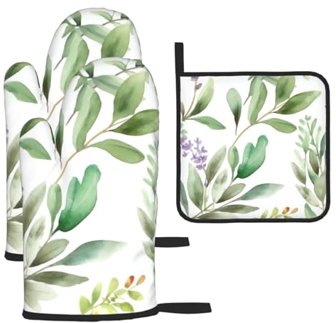 KHiry Oven Mitts and Pot Holder Set of 3 Green Flower Watercolor Herb Sage Leaves and Branches Oven Gloves with Lanyard Oven Mitt for Kitchen Heat-Resistant Hot Pads BBQ Gloves for Cooking Baking