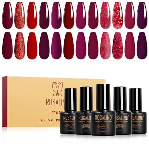 ROSALIND UV Nagellack Rot, 12 Farben Rot Dunkelrot Burgunder Weinrot Vampir Rottöne Gel Nagellack, Valentinstag Gel Nail Polish Soak Off Gelnägel Nail Art Maniküre Geschenkset