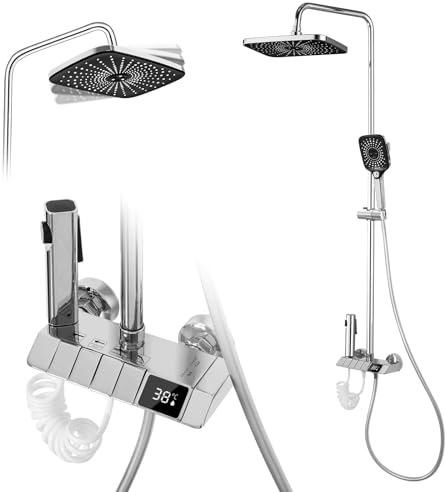 Dnkelar Duschsystem, Regendusche Duschsystem mit Armatur, Duscharmatur Komplettset, mit Brause Duschkopf mit Schlauch, ohne Thermostat (Chrom)