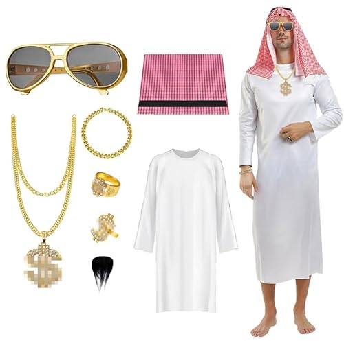 Mino Plus Skragdräkt för män, araber kostym, sheikh-dräkt med glas, araber sheikh-vit dräkt, L, XL, XXL, kostym arabisk scarf, karneval kostym med huvudduk, karnevaldräkt (M)