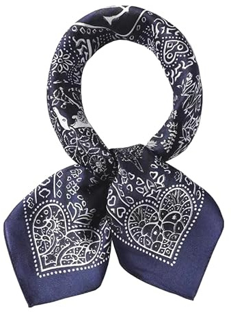 ANDANTINO 100% Pure Mulberry Silk Small Square Scarves -21'' x 21''- Digital Printed Neckerchief –Women Men Lightweight Scarf(03 White&Navy Blue)