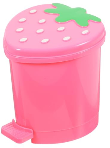 Garneck Mini Strawberry Desk Bin - Cute Pink Mini Trash Can with Lid for Office - Bathroom Bedroom & Kitchen Small Wastebasket for Makeup & Household Use Compact Garbage Container