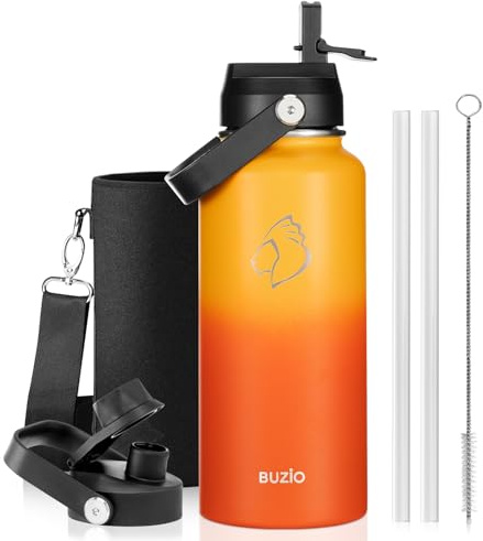 BUZIO 32oz Insulated Water Bottle, Triple Wall Vacuum Stainless Steel Water Flask with Straw Lid, BPA-Free Leakproof Sports Canteen for Sports Hiking, Cold 48H & Hot 24H- Yellow Orange