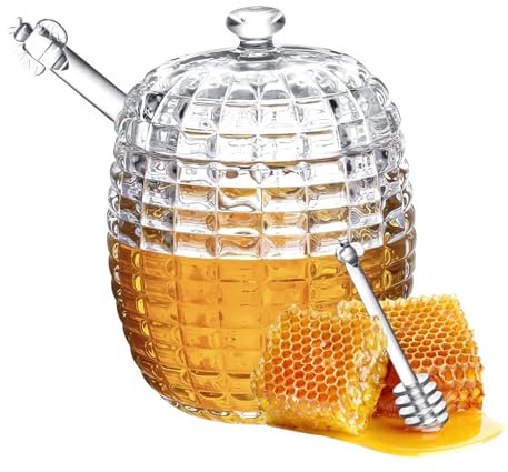 DAWRIS Glass Honey Pot,Crystal Honey Jar with 1 Dippers,honey container,Honey Dipper Stick and Jar Set,Glass honey dispenser Handmade Beehive Honey Jar with Dipper(9oz)