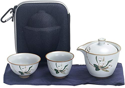 services à thé， Service à thé de voyage en céramique chinoise, Service à thé en porcelaine blanche avec sac de voyage, 1 théière, 2 tasses à thé et 1 torchon