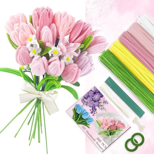 Pfeifenreiniger Blumen Bastelset 400 Stück Pfeifenputzer zum Basteln (Rosa)