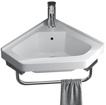 Petit Lavabo Mural D'angle pour Salle de Bain, Vasque Moderne avec Robinet, Porte-Serviettes, Vasque Triangulaire en Céramique Blanche avec Robinet et Trop-Plein(38cm/15in)