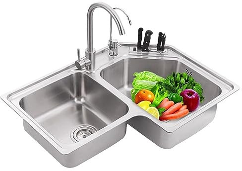 Lavello angolare a doppia vasca in acciaio inox, lavello da cucina con tritatutto integrato e apertura di stoccaggio, perfetto per design da cucina salvaspazio