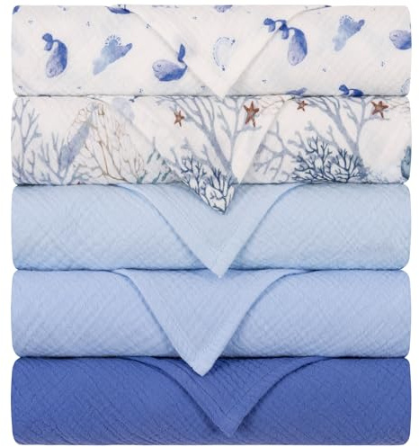 Yukkidds Mulltücher Baby Spucktücher 100% Baumwolle Spucktuch 60x60 cm Saugfähig und Atmungsaktive Wickeltücher Musselintücher 5er Set für Neugeborene Junge und Mädchen Blauer Himmel