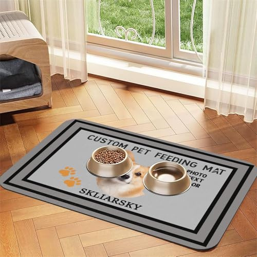 Tapis gamelle personnalisé Chien/Chat | 45x30cm, Imprimé avec texte photo, cuir PU absorbant avec base en caoutchouc antidérapant
