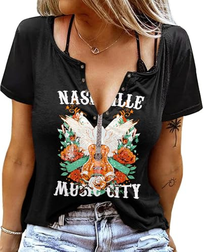 Sxkayxr V-hals T-shirts för kvinnor 2025 landskonsert cowgirlkläder för kvinnor söta sommartoppar grafiska t-shirts t-shirts, A Nashville 2 Svart, XL